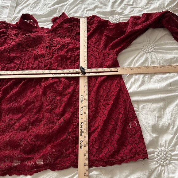 Torrid Womens Lace Blouse High Neck In Rhubarb Red Size 0 (L) Whimsy Romantic - Picture 6 of 8